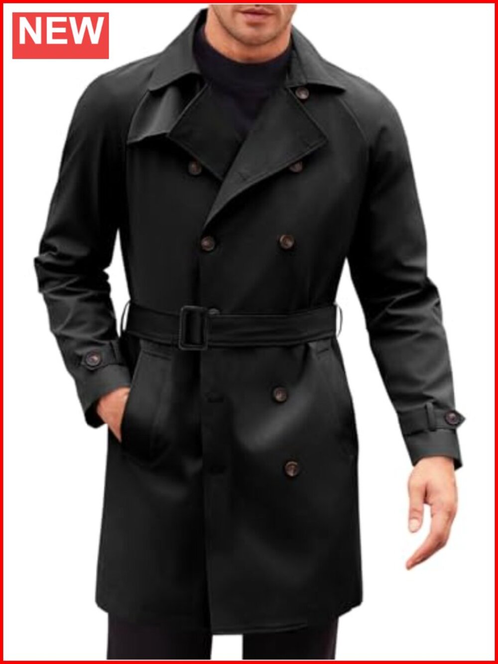 Mens Double Breasted Trench Coat Belted Notched Lapel Long Jacket Overcoat